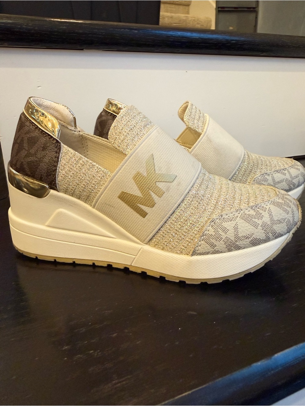 Michael Kors Cream Gold MK Elastic Slip-On Wedge Sneakers